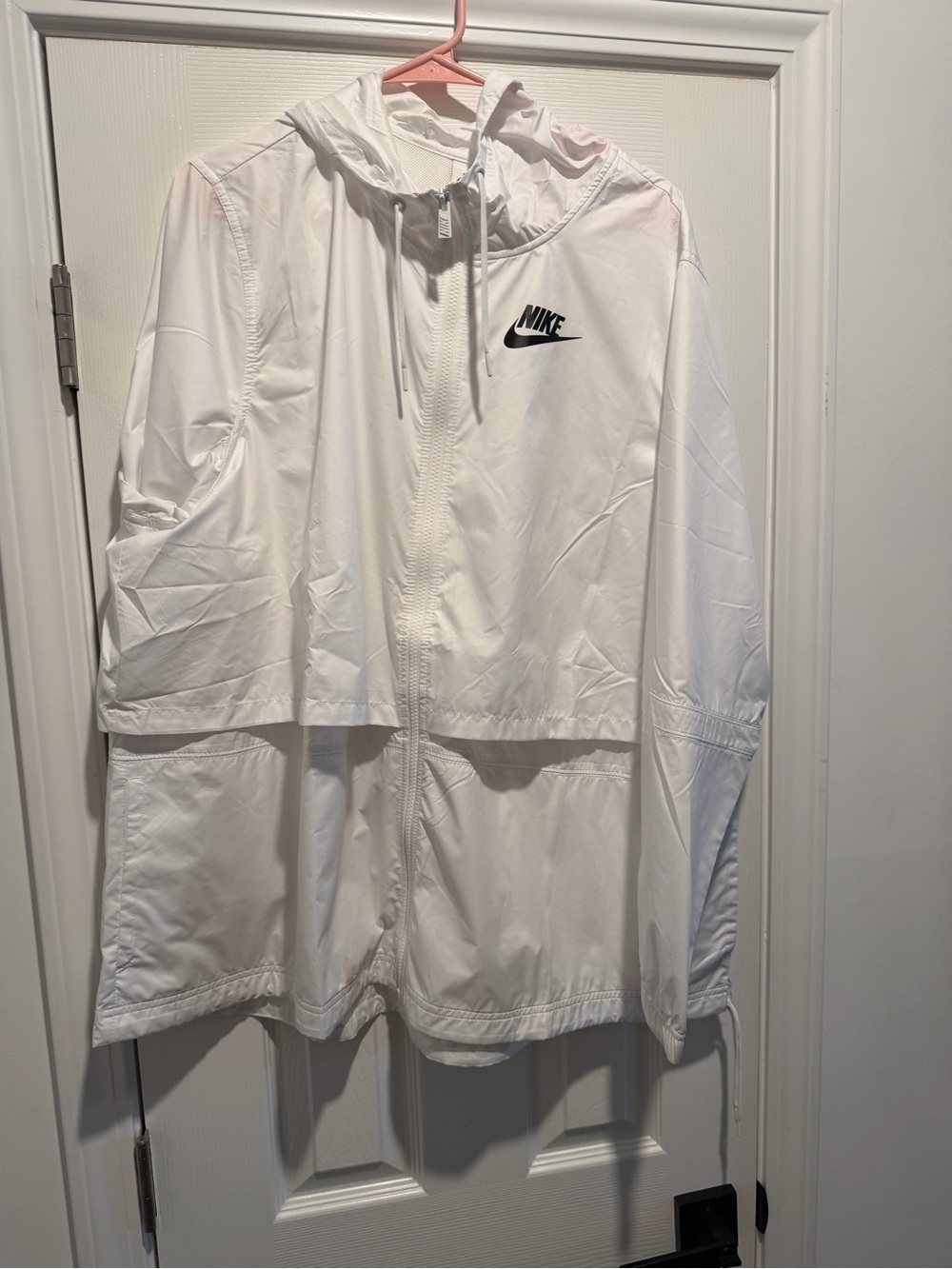 Nike White Women's Hooded Windbreaker Jacket with Black Swoosh